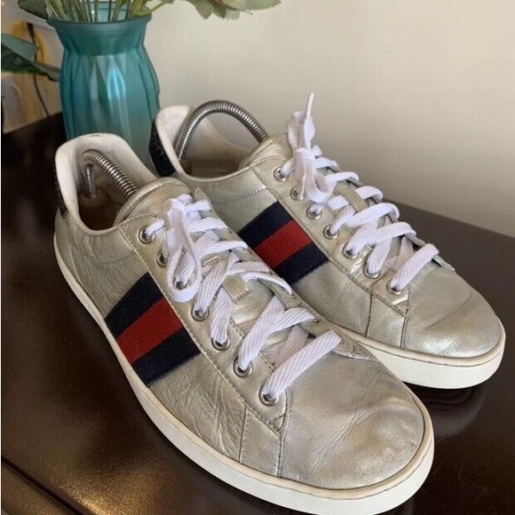 Gucci Silver Leather Ace Web Low-Top Lace-Up Sneaker - Picture 1 of 4